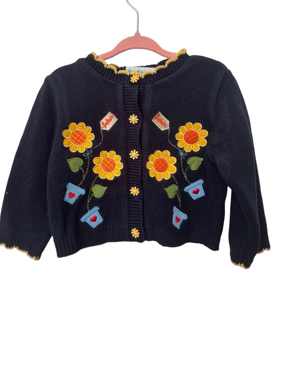 Rare Editions Navy & Yellow Spring Sunflower Embroidered Button Cardigan SZ 2T